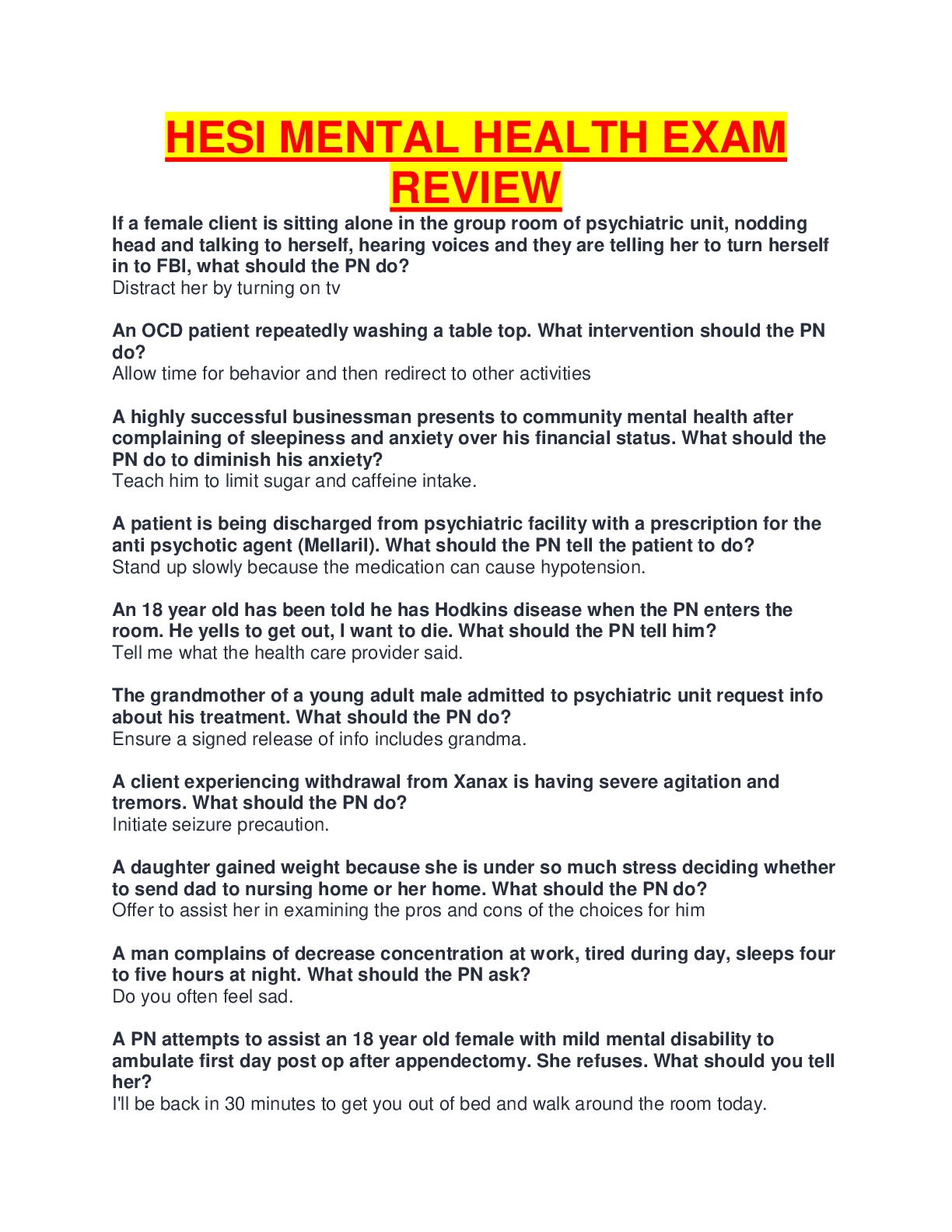 HESI MENTAL HEALTH EXAM REVIEW Browsegrades